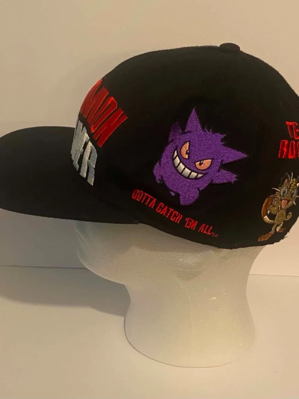 Pokemon Trainer Snapback Cap Black Pikachu Gengar Meowth Embroidered One Size